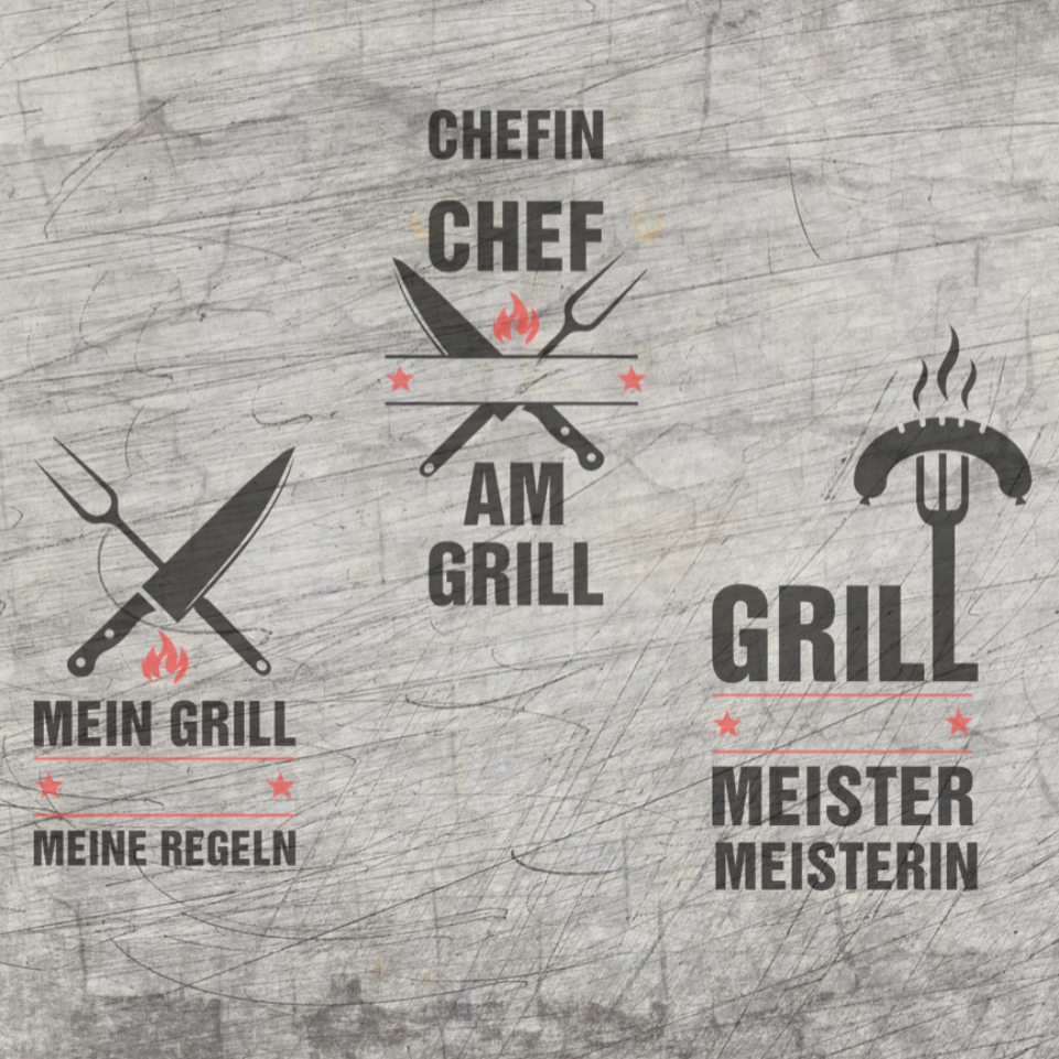 Design der Plotterdatei 'Grill Sprüche' von easy-sticks, zeigt verschiedene Grill-Sprüche, darunter 'Mein Grill Meine Regeln' und 'Grill Meisterin', ideal für kreative DIY-Projekte.