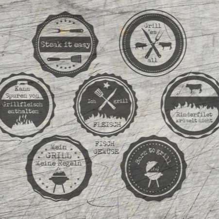 Plotterzeichen zum Theama Grillen: Steak it easy, Grill +em all, Kann Spuren von Grillfleisch enthalten, Ich grill Fleisch, Rinderfilet krümelt nicht, Mein Grill Meine Regeln, Born to grill