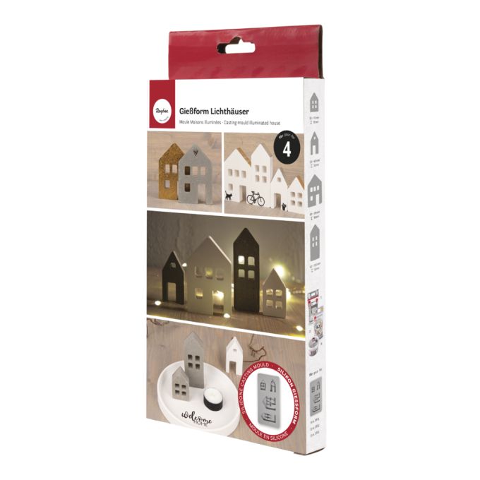 Silikon Gießform Lichthäuser von easy-sticks, inklusive Abbildung der Verpackung mit verschiedenen Lichthäusern, ideal für kreative Bastelprojekte und DIY-Dekorationen.