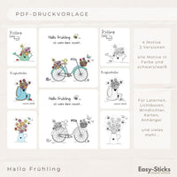 Bunte und schwarz-weiße PDF-Druckvorlage "Hallo Frühling" mit 4 einzigartigen Motiven von Easy-Sticks, ideal für Laternen und Lichtboxen. Die Designs zeigen Frühlingsmotive wie Fahrräder, Gießkanne und Blumen, perfekt für kreative DIY-Projekte und Dekorationen.