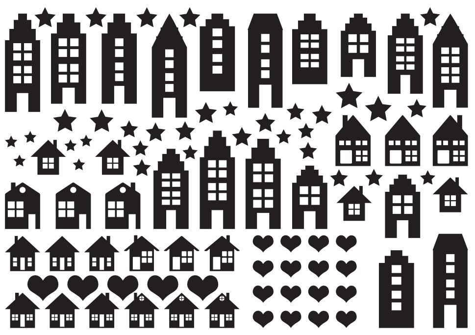 Verschiedene Haus Rub Ons von easy-sticks auf einem A5 Blatt, das verschiedene stilisierte Häuser, Sterne und Herzen zeigt, ideal für kreative DIY-Projekte.