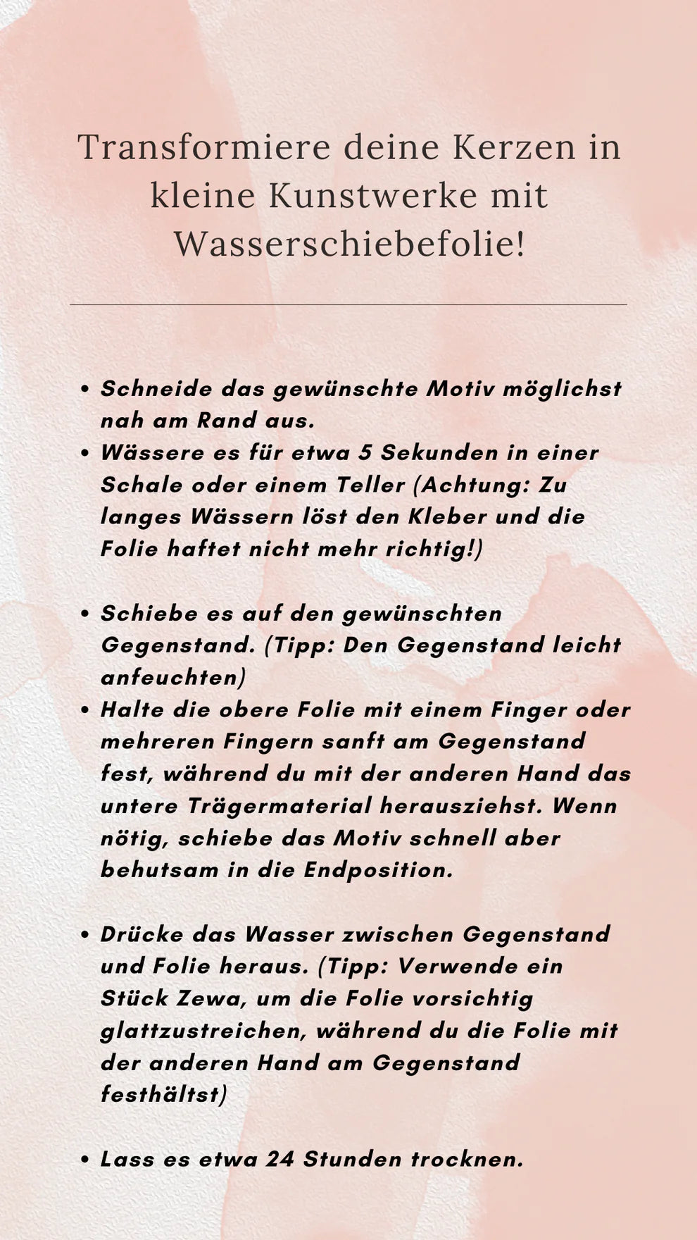 Anleitung zur Anwendung der Kerzentattoos A5 Wasserschiebefolie Weihnachten von easy-sticks, die kreative Tipps für das Aufbringen der Designs auf Kerzen bietet.