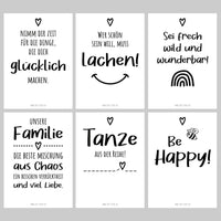 Sechs kunterbunte Postkarten im A6 Format mit positiven Sprüchen von easy-sticks, Teil des 6er Set Happy zum Ausdrucken, für kreative Grüße und Herzensmenschen.