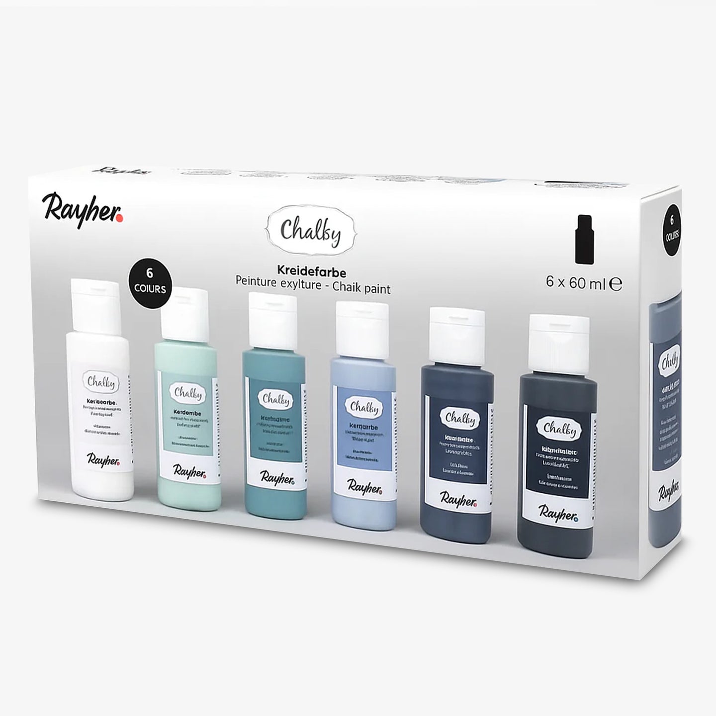 Chalky Kreidefarben Set von Easy-Sticks, bestehend aus 6 Flaschen à 60 ml in sanften Farbtönen. Ideal für Shabby Chic und kreative Projekte. Die hochwertige Kreidefarbe bietet ein ultramattes, warmes Finish.