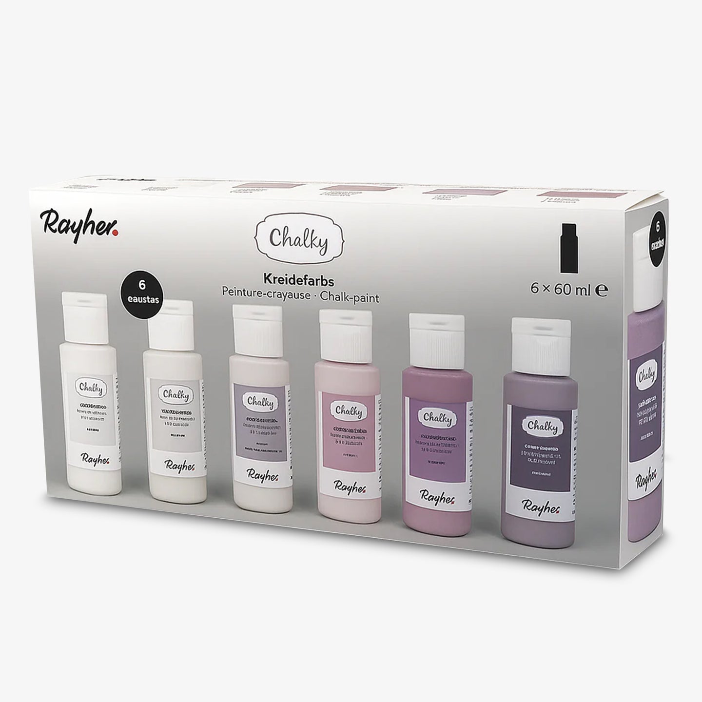 Chalky Kreidefarben Set von Easy-Sticks, bestehend aus 6 Flaschen à 60 ml in sanften Farbtönen. Ideal für Shabby Chic und kreative Projekte. Die hochwertige Kreidefarbe bietet ein ultramattes, warmes Finish.