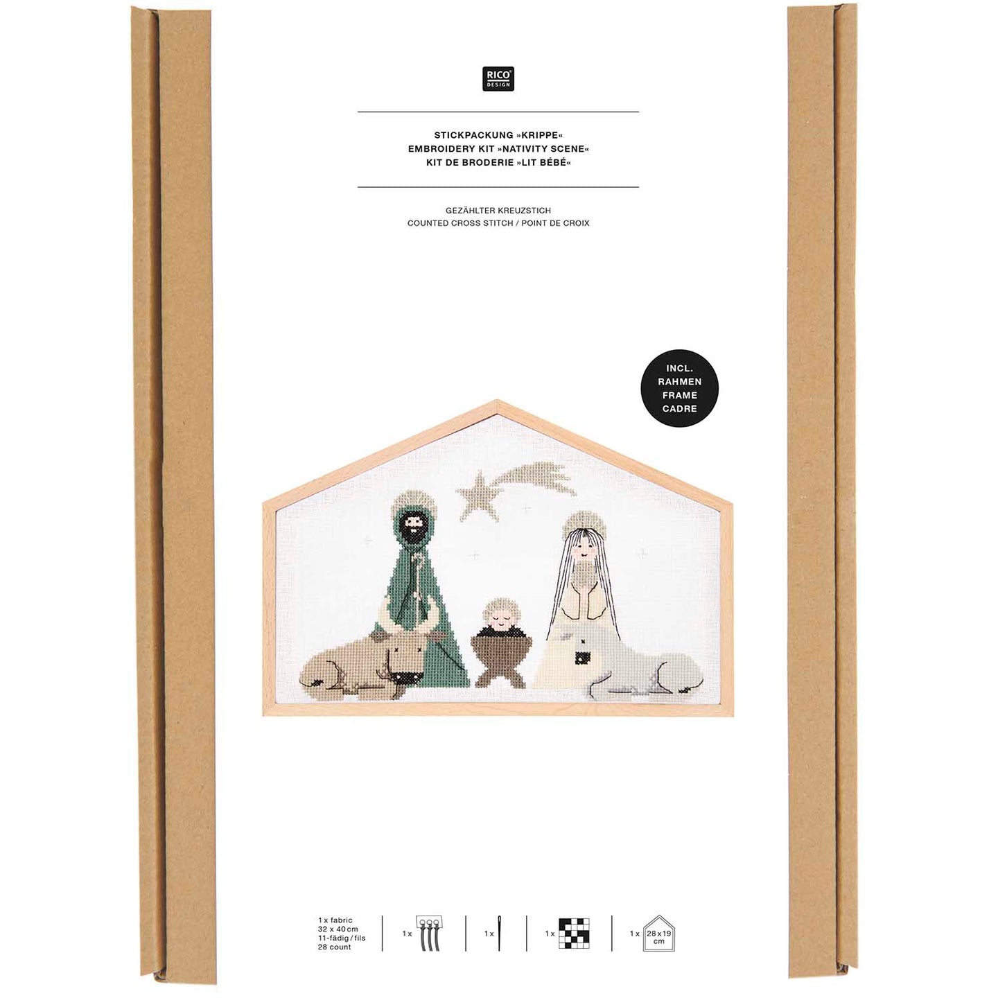 Große Krippe Stickpackung Gezählter Kreuzstich 28 x 19 cm mit Dekostickrahmen und Hochwertigen Materialien