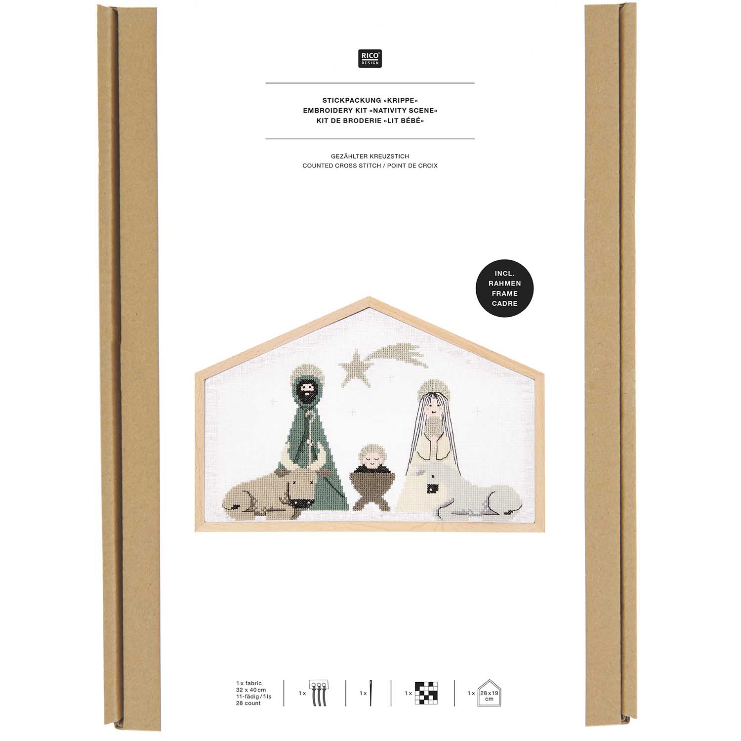 Große Krippe Stickpackung Gezählter Kreuzstich 28 x 19 cm mit Dekostickrahmen und Hochwertigen Materialien