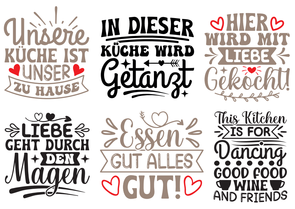 Küchen Sprüche Rub On von easy-sticks: Ein A5 Bogen mit dekorativen Aufklebern, die inspirierende Küchensprüche zeigen, wie 'Unsere Küche ist unser Zuhause' und 'Hier wird mit Liebe gekocht!', ideal für DIY-Projekte und kreative Dekoration.