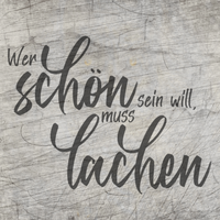 Schöne Plotterdatei "Wer schön sein will muss lachen" von easy-sticks auf Holzuntergrund, ideal für kreative Projekte.