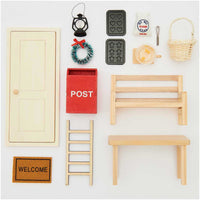 Wichtelwelt Zubehör Set, 15-teiliges Premium Set Mit Wichteltür, Wichtelbriefkasten Wichtel Bank Wichtel Korb Backblech Fußmatte Tisch Leiter Türkranz Laterne Wichteltür aus Holz