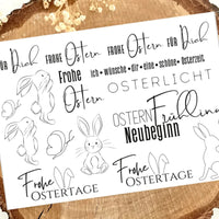 Rub on UV Sticker randlos Ostern von easy-sticks: Bunte Oster-Motive und Sprüche auf einem dekorativen Hintergrund, perfekt für kreative DIY-Projekte in der Osterzeit.