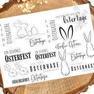 Rub on UV Sticker randlos Ostern von easy-sticks, kreatives Design mit österlichen Motiven wie Hasen, Eiern und frühlingshaften Grüßen für DIY-Projekte.