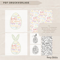 Bunte Oster Laterne PDF Druckvorlage von Easy-Sticks, ideal für kreative Dekorationen, Geschenkpapiere, Lichtboxen, Karten und weitere Bastelprojekte.
