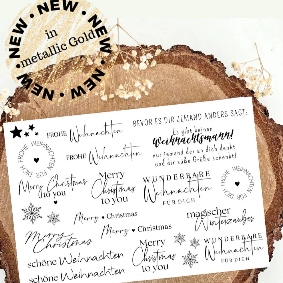 Goldene Rub On Sticker Weihnachten von easy-sticks, in schwarz-weißer Ausführung mit eleganten Weihnachtsgrüßen und Symbolen. Ideal für kreative Weihnachtsgestaltungen und Heimwerkerprojekte.