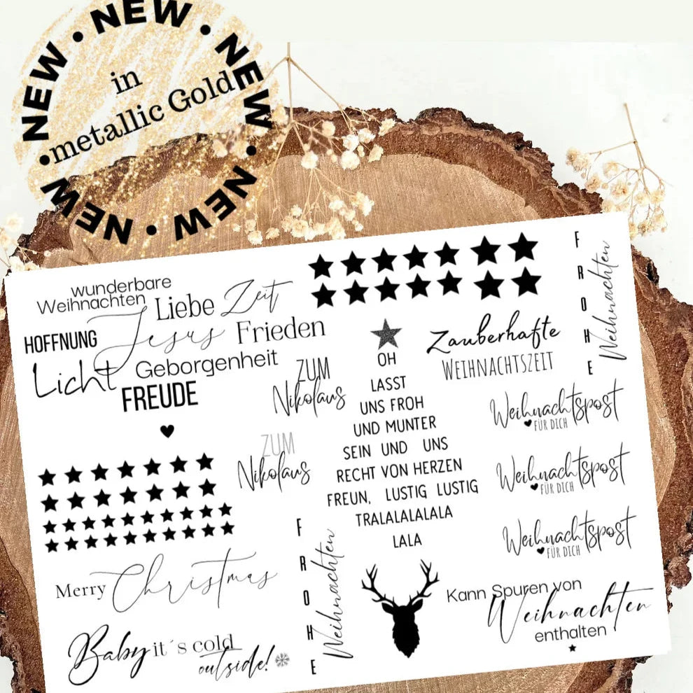 Goldene Weihnacht Rub Ons von easy-sticks, Schwarz-Weiß Sticker auf A5-Bogen, perfekt für festliche Bastelarbeiten und Kartenherstellung, wetterfest und mit hoher Klebkraft.