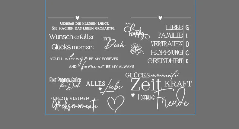 Glück, Wunscherfüller Rub on UV Sticker von easy-sticks mit inspirierenden Sprüchen und Motiven in eleganter Schriftart auf grauem Hintergrund.