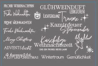 Frohe Weihnachten Rub on UV Sticker Mix5 in weiß von easy-sticks, zeigt verschiedene Weihnachtsmotive und -sprüche in elegantem Design.