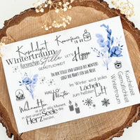 Rub on UV Sticker randlos Winter A5 von easy-sticks mit winterlichen Motiven und Schriftzügen, ideal zum Dekorieren und Gestalten von winterlichen Projekten.