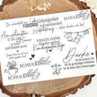 Kreatives Rub on UV Sticker Set von easy-sticks mit verschiedenen Sprüchen und Illustrationen, ideal für Schulkind-Projekte und Geschenke.
