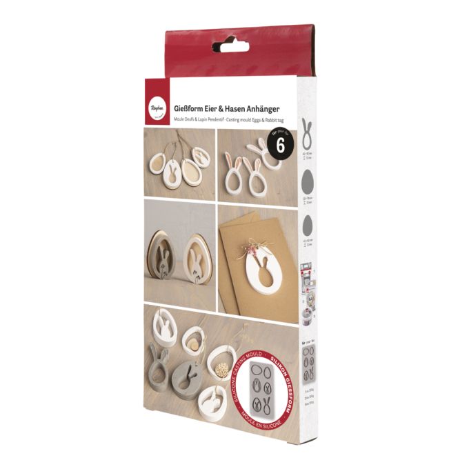 Gießform Eier und Hasen Anhänger von Easy-Sticks: Präsentation der Silikon-Gießform mit verschiedenen österlichen Motiven, ideal für kreative Dekorationen und DIY-Projekte. Enthält 6 ansprechende Designs.