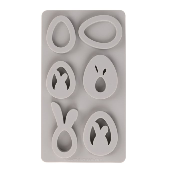 Zweite Silikon-Gießform von Easy-Sticks präsentiert eine Vielzahl von stilvollen Osteranhängermotiven wie Eier und Hasen für Dekoideen.