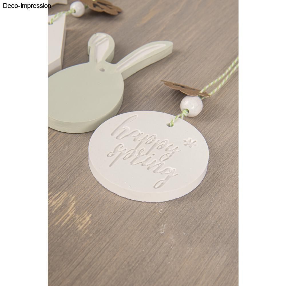 Österlicher Deko-Anhänger aus Silikonform 'Happy Spring' von Easy-Sticks, mit glücklichem Hasen und dekorativem Text.