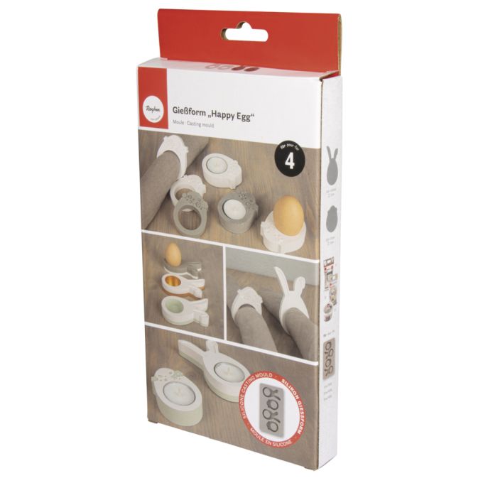 Verpackung der Silikonform "Glückliches Ei" von Easy-Sticks, die eine Gießform mit verschiedenen Motiven zeigt, ideal für Osterdekoration.