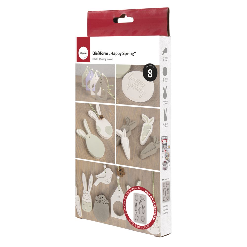 Silikonform 'Happy Spring' von Easy-Sticks, Verpackung mit Vorschau der 8 Motive, ideal für kreative Osterdekoration.