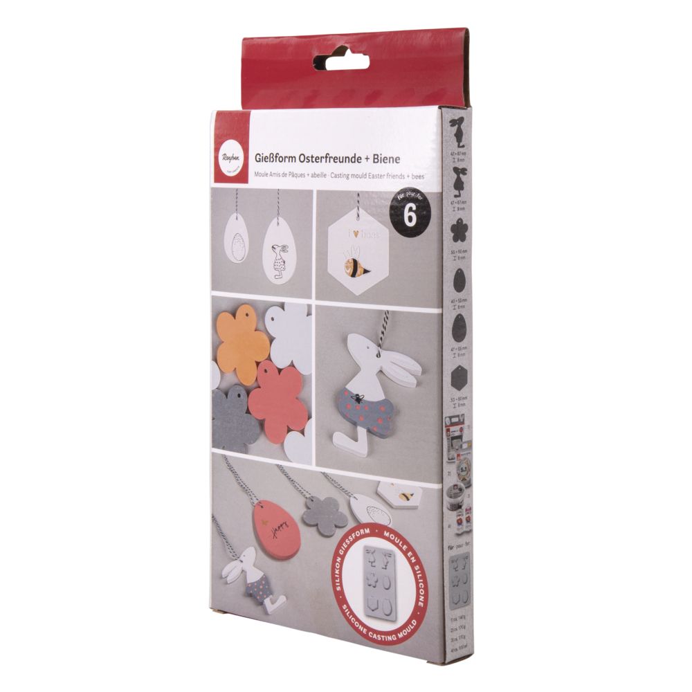 Silikonform - Osterfreunde von Easy-Sticks, Verpackung des Produkts mit Deko-Anhängern aus Hasen und Blumen, ideal für Osterdekoration.