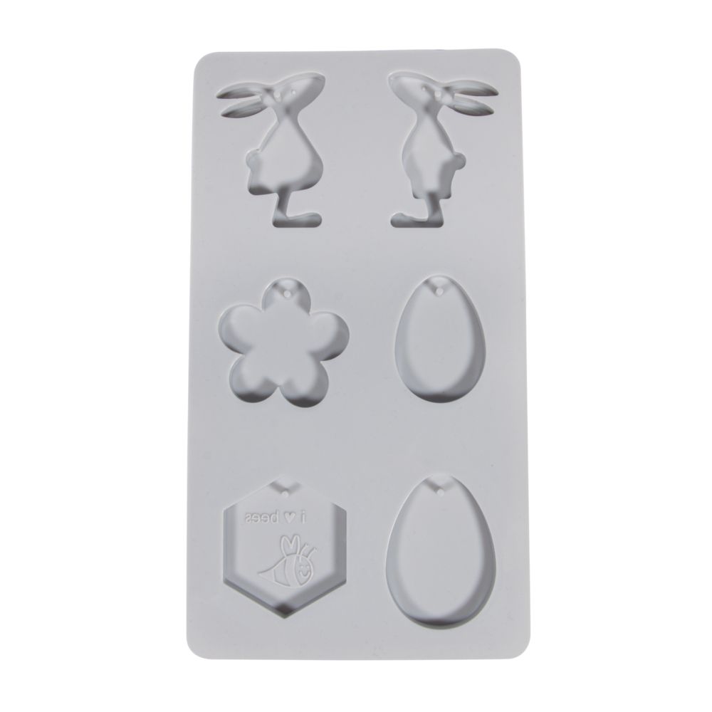 Detailaufnahme der Silikonform - Osterfreunde von Easy-Sticks, zeigt die verschiedenen Motive wie Hasen, Ei und Blume für kreative Osterprojekte.