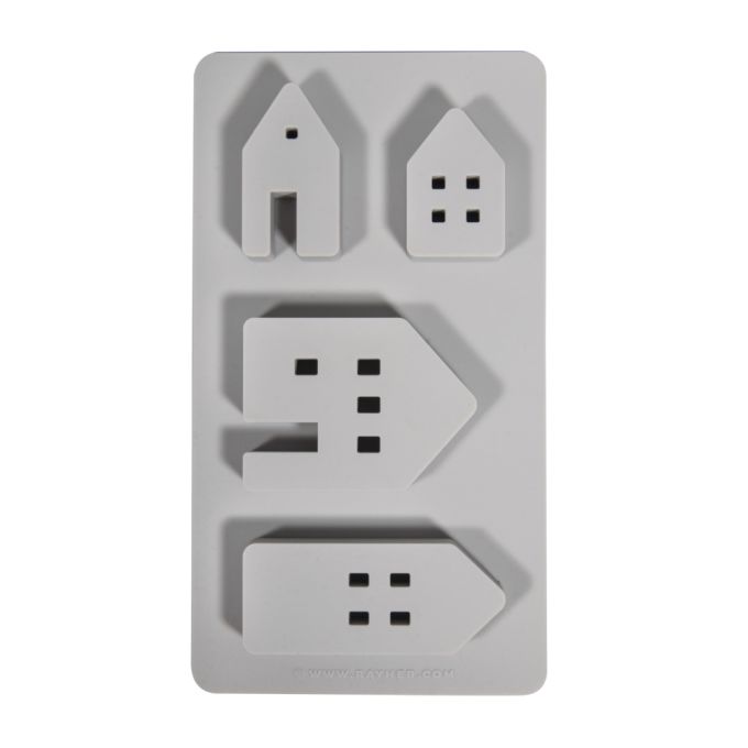 Detailaufnahme der Silikon Gießform Lichthäuser von easy-sticks, zeigt die vier verschiedenen Hausformen zur Herstellung einzigartiger Lichthäuser in präziser Gestaltung.