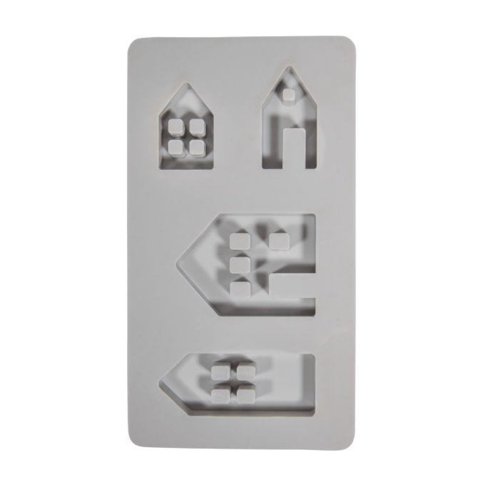 Silikon Gießform Lichthäuser von easy-sticks, die verschiedene Hausformen zeigt, ideal zum Gießen von Kerzen oder Seifen für kreative Bastelideen.
