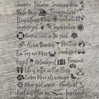 Kreative Sommer- und Urlaub Sprüche Plotterdatei von easy-sticks auf einem Holzuntergrund mit verschiedenen Urlaubsmotiven und Sprüchen wie "Keepin cool in the pool" und "Aloha Beaches".