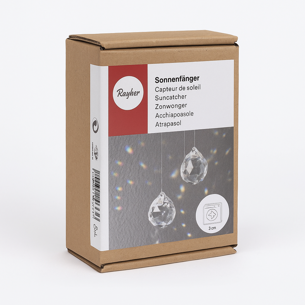 Rayher Sonnenfänger - 2er Set, Verpackung mit hochwertigen Borosilikatglas-Kunstwerken, die Licht und Regenbögen im Raum erzeugen.