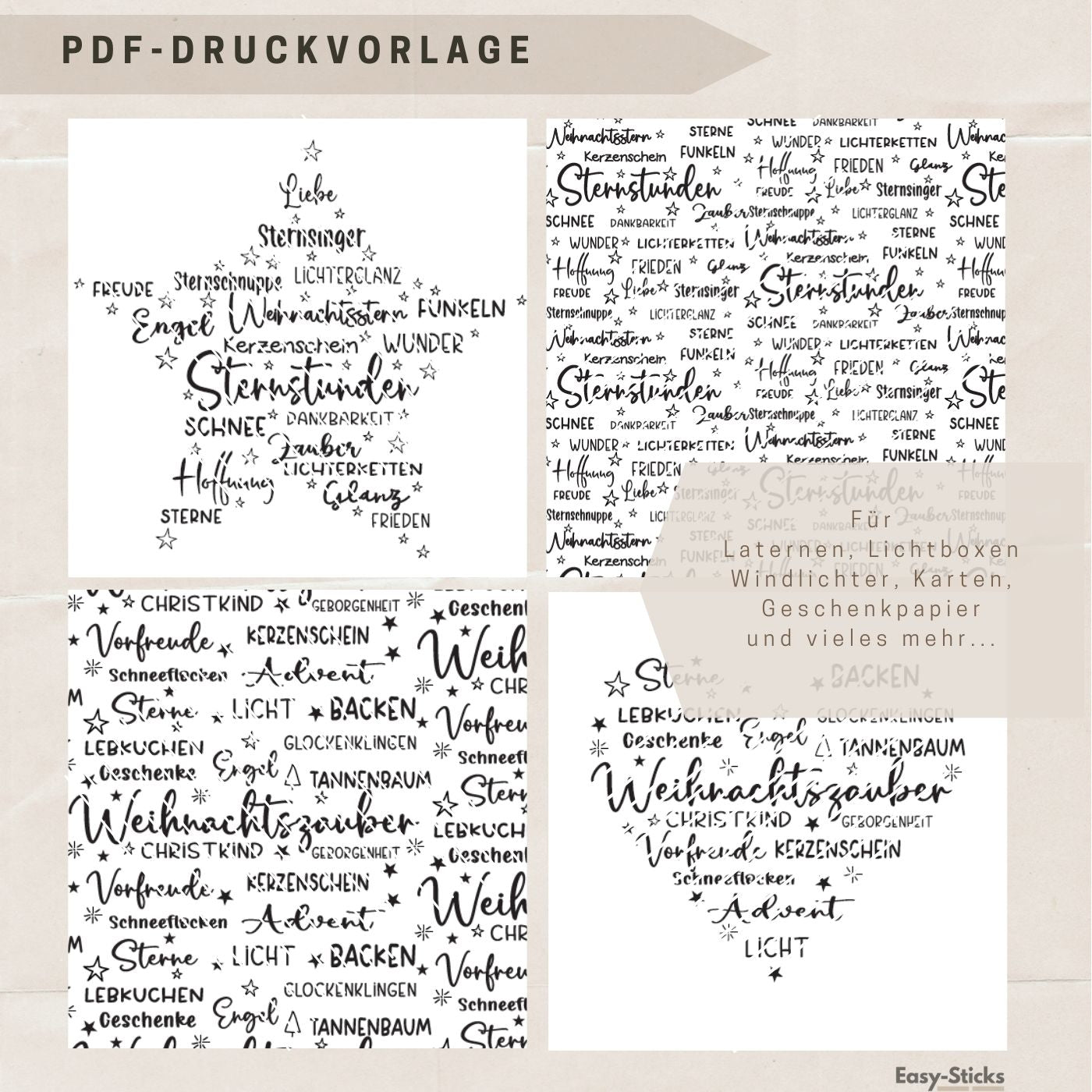 Schwarz-weiße PDF-Druckvorlage von Easy-Sticks mit weihnachtlichen Motiven für Laternen und Lichtboxen, beinhaltet Sterne, Herzen und kreative Designs für DIY-Projekte, ideal für die "Stern und Herz Winter PDF".