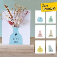 DIY Karten Set mit Vasen-Motiven von easy-sticks, enthält eine Karte mit einer stilvollen Vase und Trockenblumen - perfektes Bastelprojekt zum Ausdrucken für kreative Anlässe.