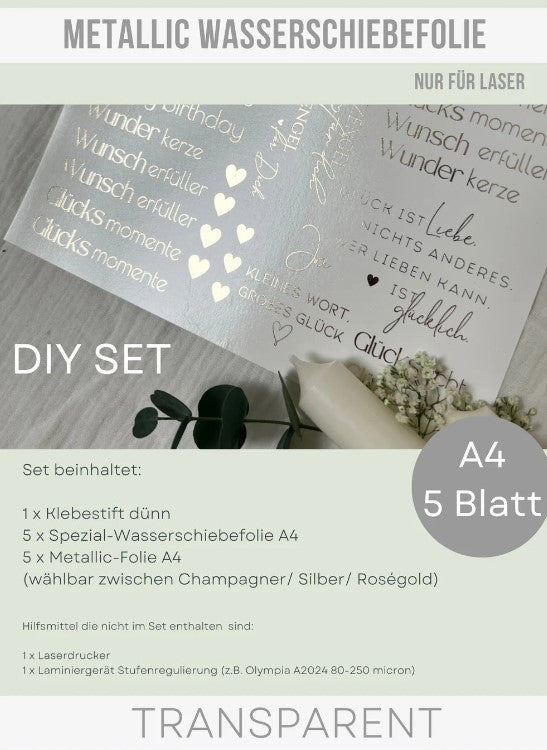 DIY Metallic Wasserschiebefolien Set – 5 A4 Folien Für Kerzen In Champagner-Gold, Silber, Roségold