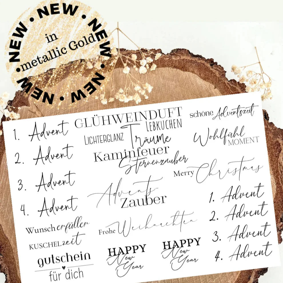 Goldene Advent Sticker Rub On UV Sticker Randlos A5 von easy-sticks, innovative, hochauflösende Designs für festliche Dekoration.