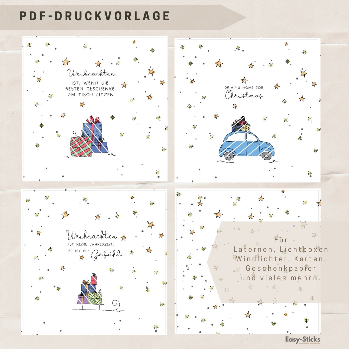Festliche PDF-Druckvorlage von easy-sticks für Laternen und Lichtboxen, mit weihnachtlichen Motiven und Botschaften, perfekt für DIY-Projekte und Weihnachtsdekoration.