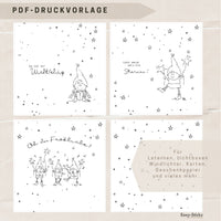 Illustration der PDF Druckvorlage "Du bist mir wichtelig" von easy-sticks, zeigt verschiedene Wichtel und Sterne, ideal für DIY Laternen, Lichtboxen und kreative Bastelprojekte.