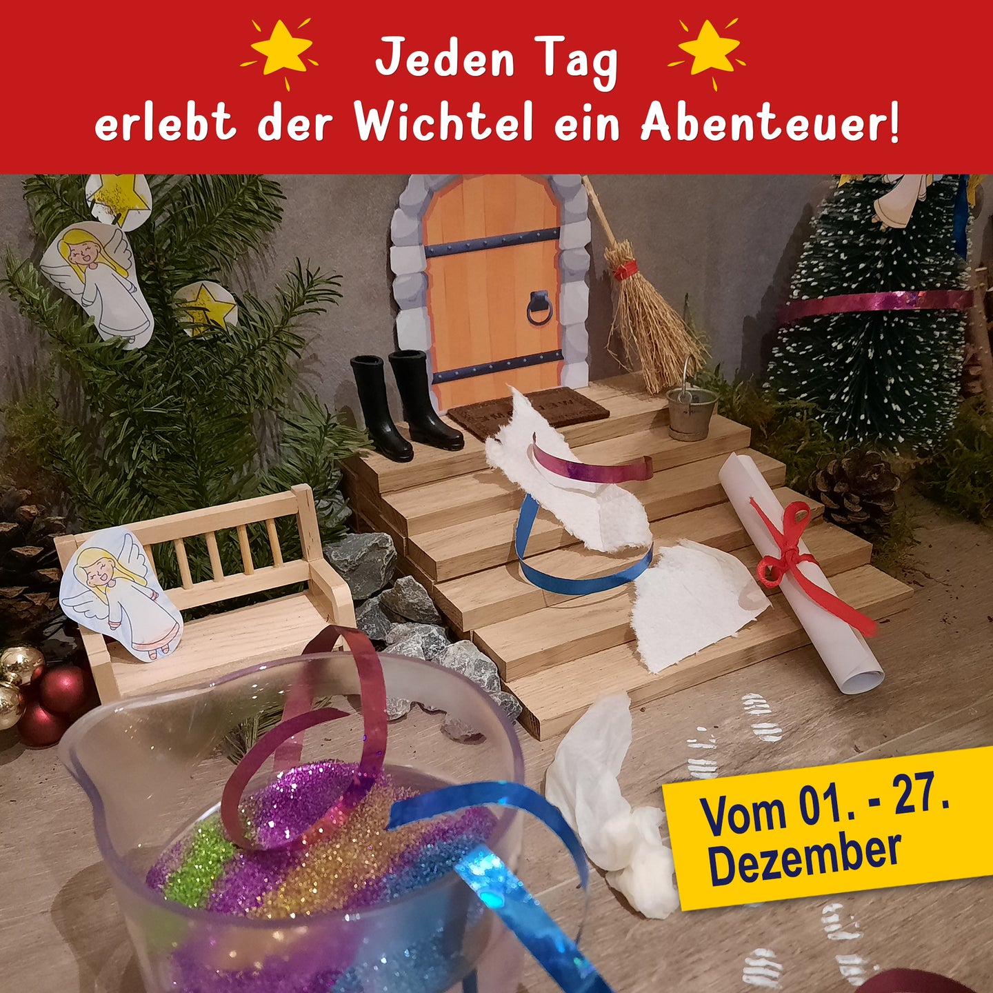 Zauberhafte Wichtelbriefe von easy-sticks – Szenenbild mit dem Wichtel, der in seiner magischen Welt Abenteuer erlebt, perfekt für die Weihnachtszeit.