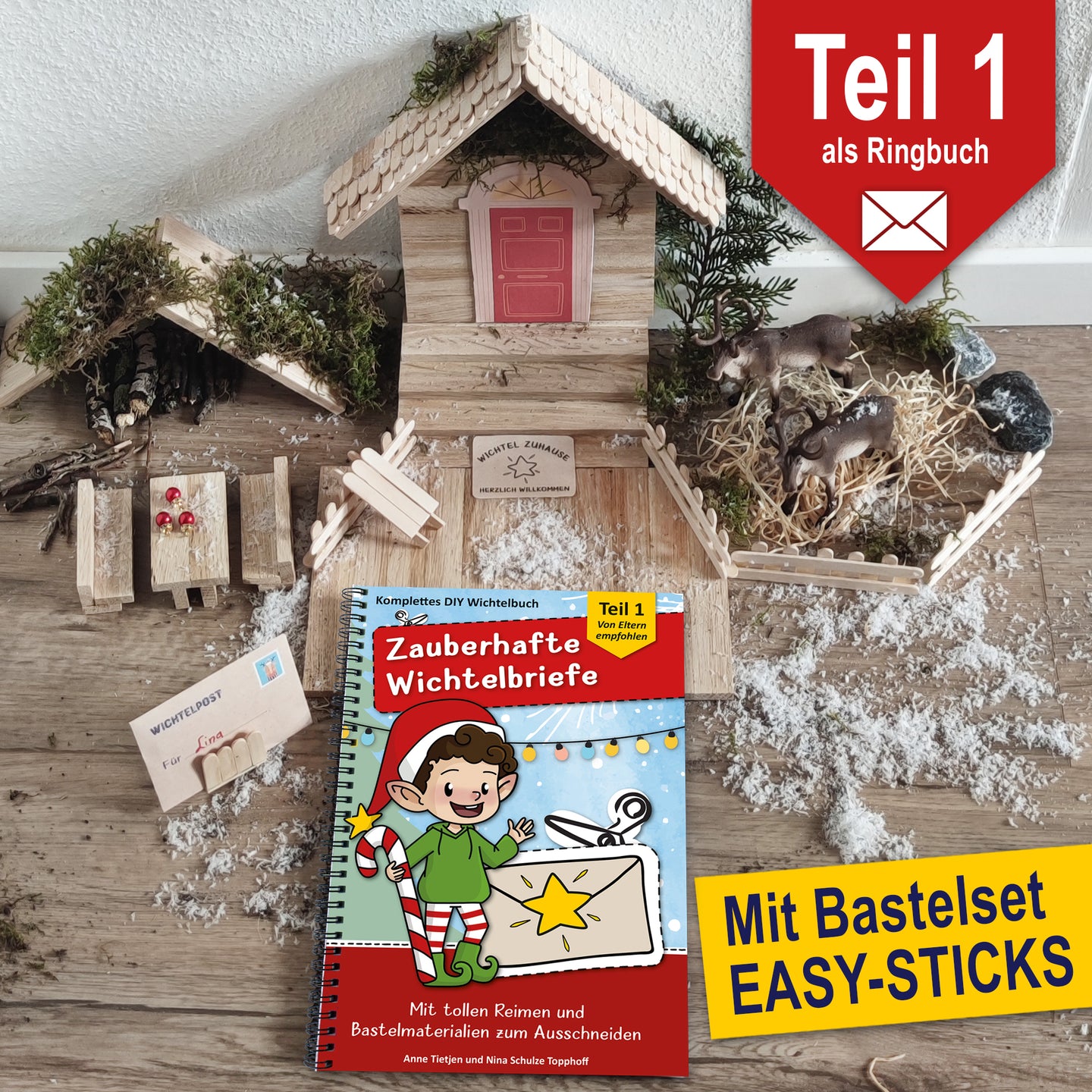 Ein kreatives Arrangement des Easy-Sticks DIY Wichtelsets von easy-sticks, einschließlich Wichtelbriefen und Zubehör. Auf dem Bild sind ein Wichtelhaus, kleine Bastelmaterialien und das Bastelbuch 'Zauberhafte Wichtelbriefe' abgebildet, das eine festliche Vorweihnachtszeit für Kinder verspricht.