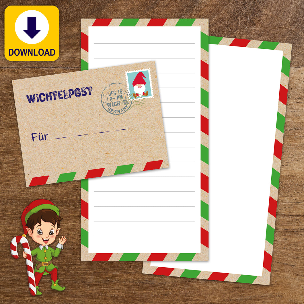 Wichtel Briefpapier mit passendem Umschlag zum Ausdrucken und Basteln – Perfekt für deine Wichtelpost zu Weihnachten