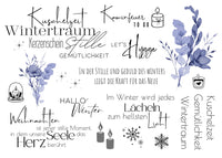 Rub on UV Sticker randlos Winter A5 von easy-sticks, zeigt eine elegante Zusammenstellung von Winter- und Gemütlichkeits-Quotes sowie floralen Elementen, perfekt für kreative Bastelprojekte.