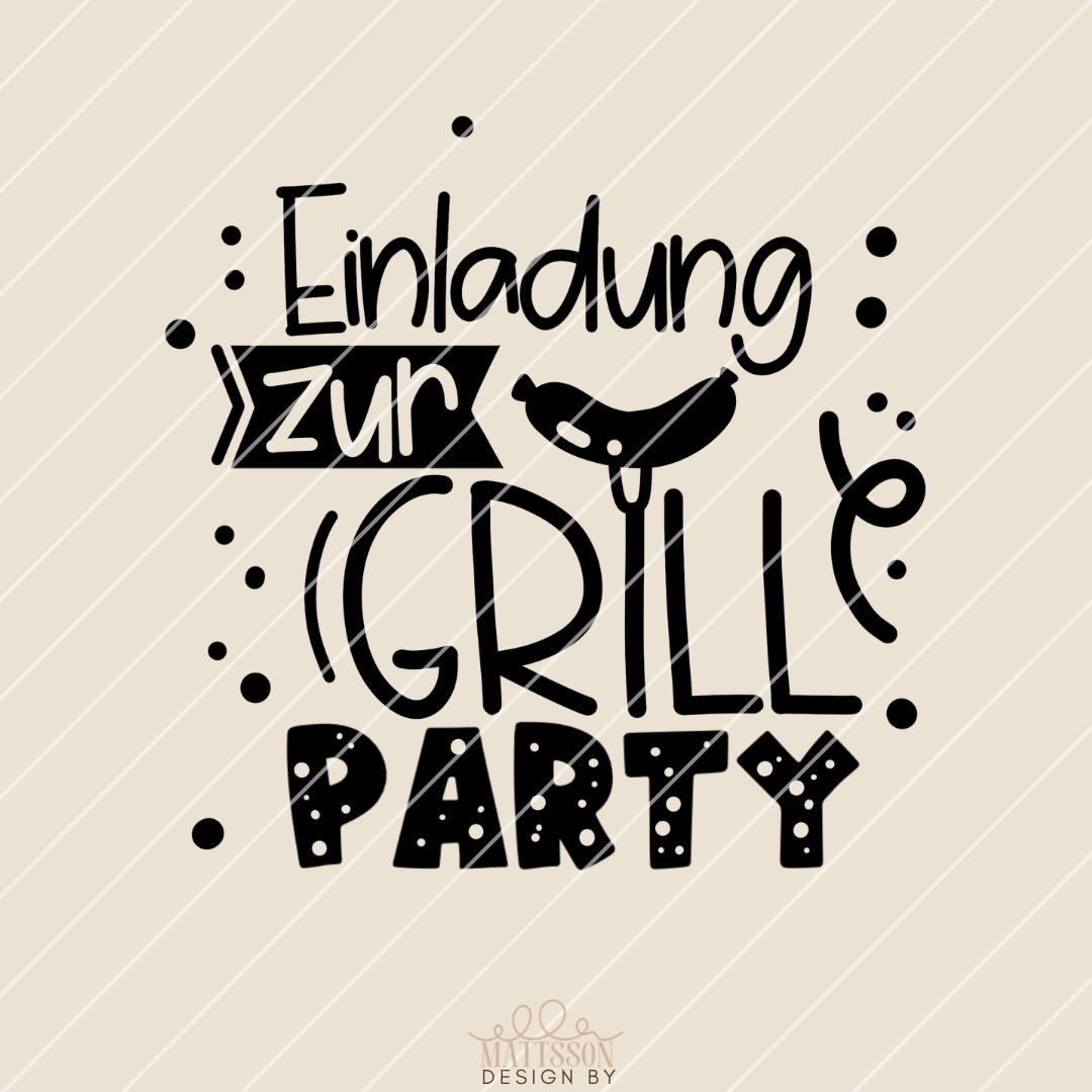 Kreative Einladung zur Grillparty von easy-sticks: Ein ansprechendes Design mit dem Text „Einladung zur Grill(e) Party“, ideal für individuelle Feierlichkeiten.