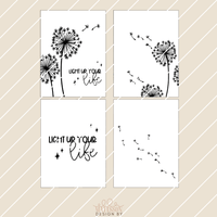 Pusteblumen Laterne Bastelidee von easy-sticks: Schwarz-weiße Druckvorlage mit Pusteblumen Motiven und Schriftzug 'Light Up Your Life'.