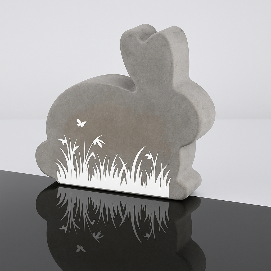Dekorativer Hase aus Beton mit graviertem Grasdesign, ideal für Ostern-Bastelprojekte von Easy-Sticks, Gießform - Hase.