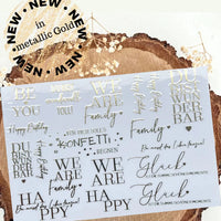 We Are Family Goldene Rub On Sticker Randlos A5 von easy-sticks, detailreiche Sticker in Metallic Gold mit inspirierenden Texten für kreative Projekte wie Scrapbooking und Kartengestaltung.