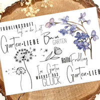Rub on UV Sticker ‚Gartenliebe A5‘ von easy-sticks mit liebevollen Frühlingsmotiven, darunter florale Designs und inspirierende Sprüche für DIY-Projekte.