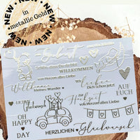 Randlose Rub On UV Sticker von easy-sticks in metallic Gold, ideal für Geschenke zur Geburt und Hochzeit mit verschiedenen liebevollen Sprüchen und Motiven.
